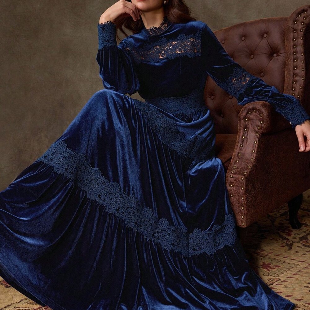 Navy Blue Elegant Women's Velvet Lantern Sleeve Dress with Ruffle Waist